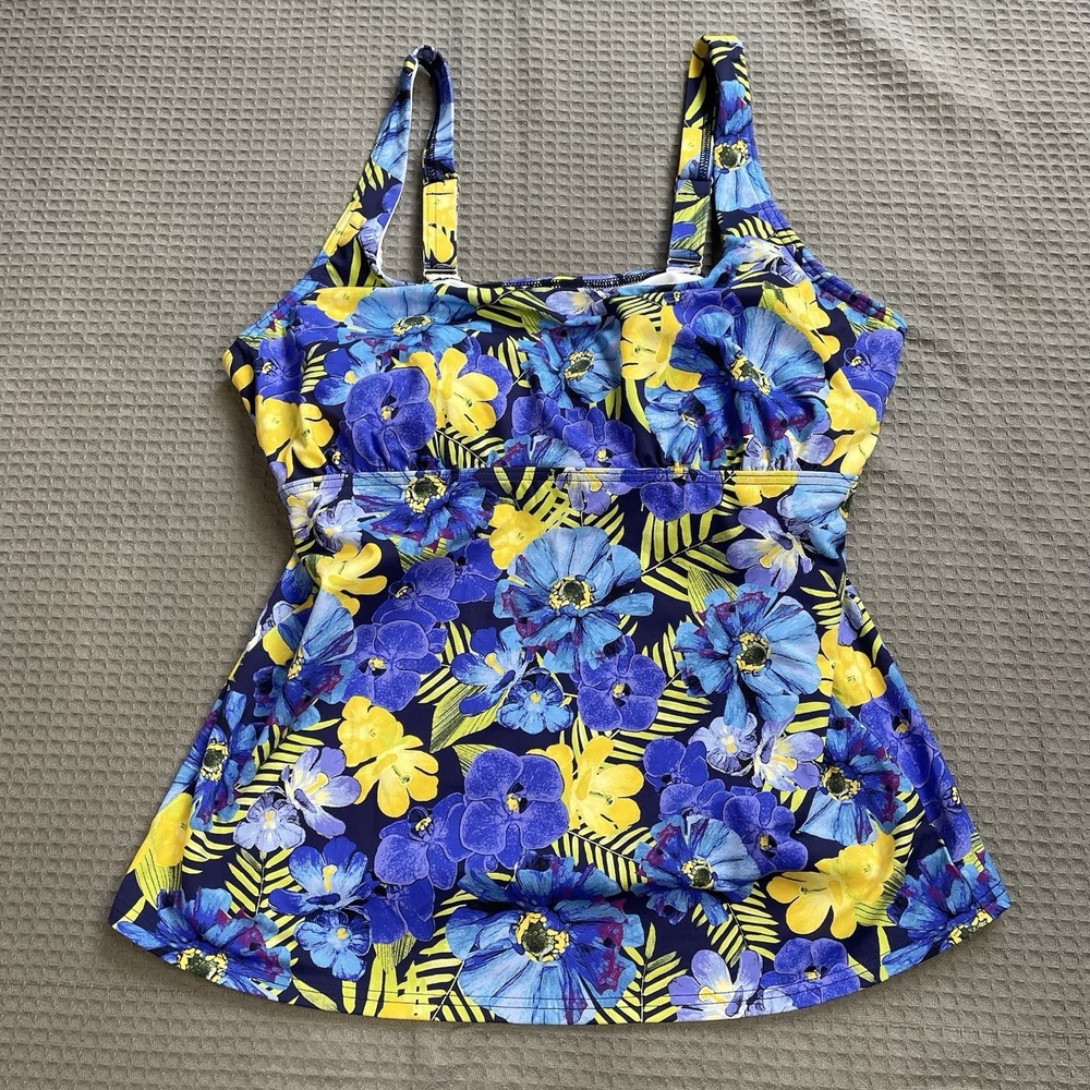 Lands End Tankini Swim Top 12DDD Womens Blue Yellow Tropical Floral Underwire